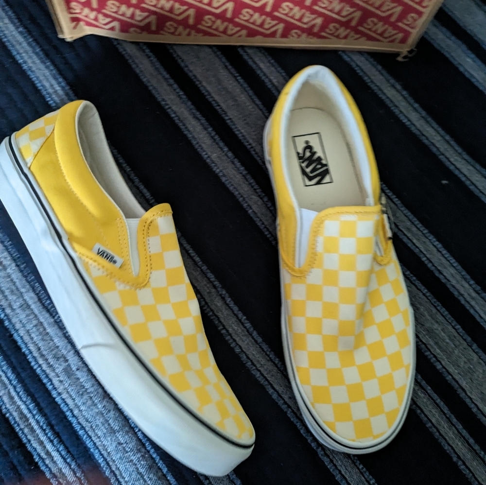 VANS Classic Slip On Yellow White Men Checkered Canvas Skate Shoes - Picture 4 of 7